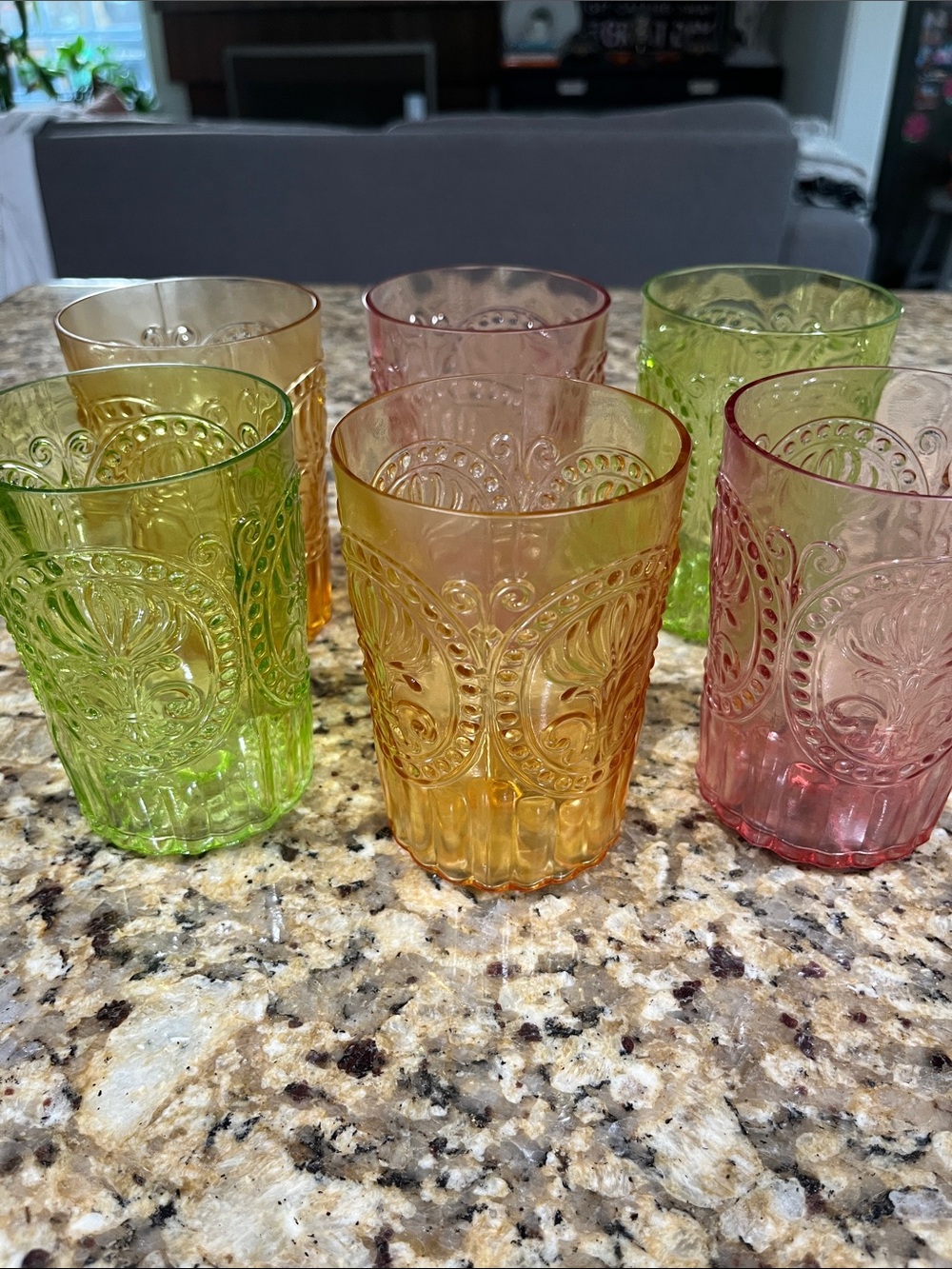 Embossed Colored Glass Tumbler Set — Green, Amber, Pink